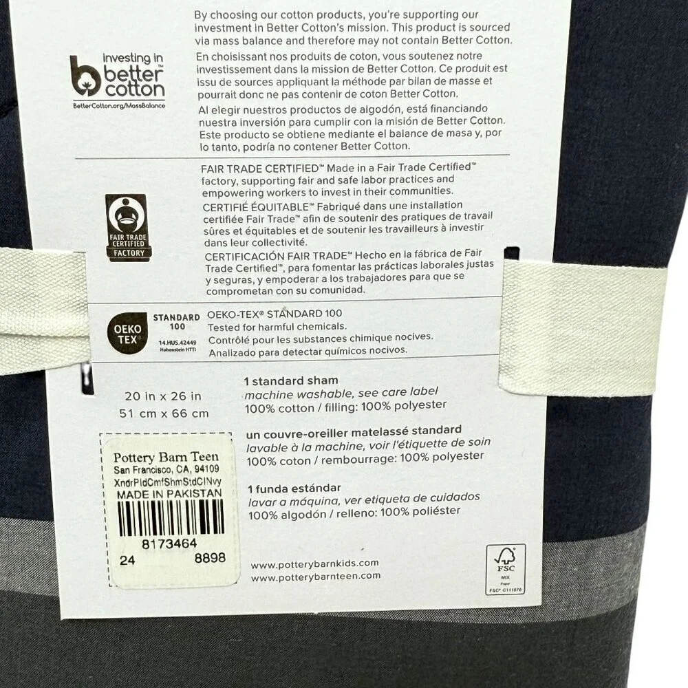POTTERY BARN Pillow Sham Navy Gray Plaid Cotton Standard Size Xander Pillowcase